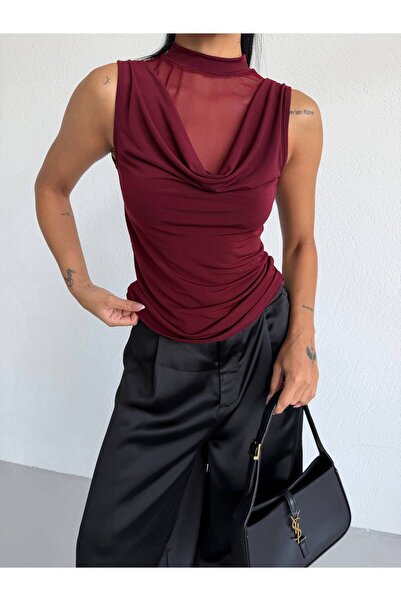 QUTTA Women's Burgundy Tulle Draped Front Zero Sleeve High Neck Sandy Fabric ...