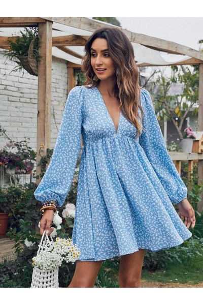 Iuliashop Rochie scurtă Ivanka Bleu cu imprimeu floral alb - S