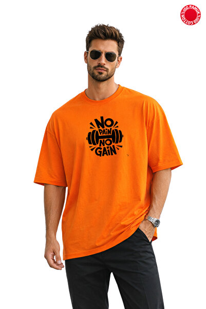 VİBES Orange Oversize T-Shirt Unisex 100% Cotton No Pain No Gain Printed Spor...