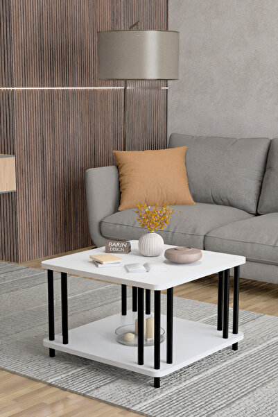 BARIN DESIGN Modern Kare Orta Sehpa Çift Katlı Siyah Metal Ayaklı Salon, Ofis...