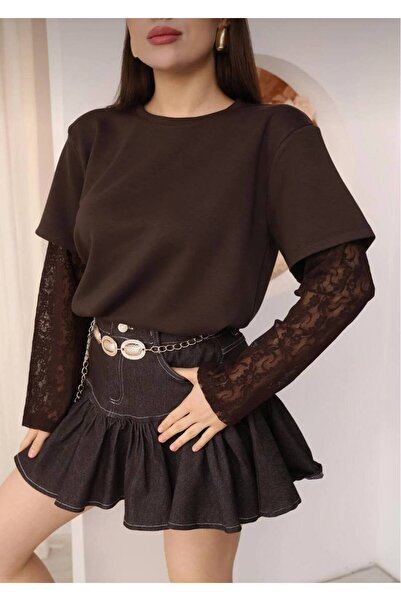 By Kuzey Aras Κομψό Σχέδιο Μπλουζάκι με Δαντελένιο Σχέδιο στα Μανίκια - Μοντέ...