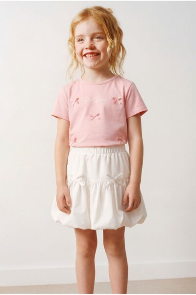 Magu Girl's Cotton Pink T-Shirt Skirt Set