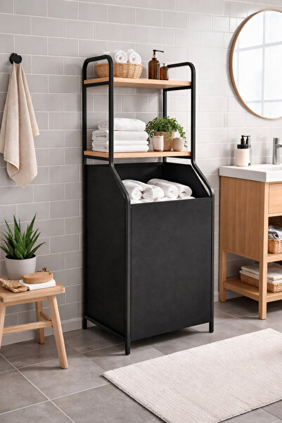 Tobi Pavia Üstten Raflı İki Bölmeli Kirli Çamaşır Sepeti Düzenleyici Raf Orga...