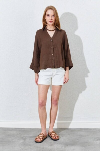 CGA Γυναικείο λινό πουκάμισο Καφέ λινό πουκάμισο