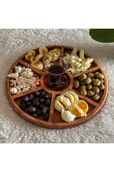 Picowood Masif Ahşap Bölmeli Sunum Tepsisi Yuvarlak Kahvaltı Tabağı Çerez Ser...