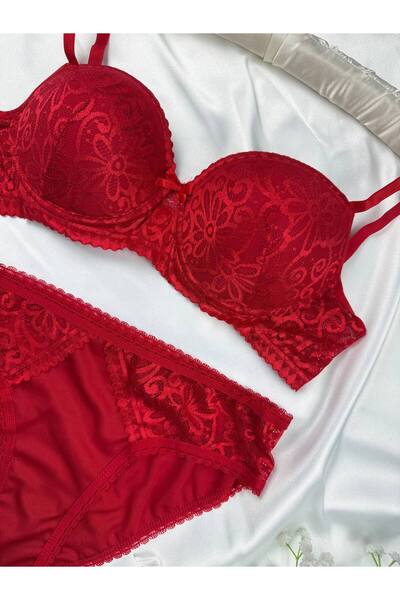 ROZENİN LINGERIE Kırmızı Büyük Beden Desteksiz Kaplı Dantelli Sütyen Külot İç...