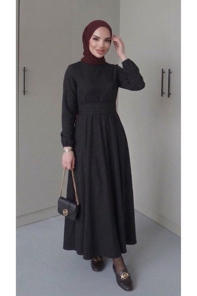Gülmude Cool Stretchy Fabric, Waist Belted, Zippered Back, Pleated, Seasonal, Sweat-Proof, Stylish, Hijab Dress, Evening Dress
