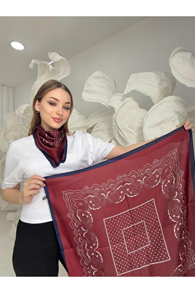 Luminos Butik Burgundy-Navy Blue Polka Dot Patterned 70X70 Scarf Flr3000