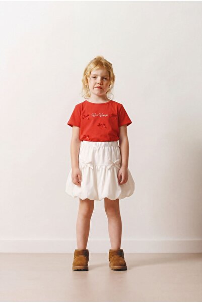 Magu Girl's Cotton Red T-Shirt Skirt Set - with White Balloon Skirt