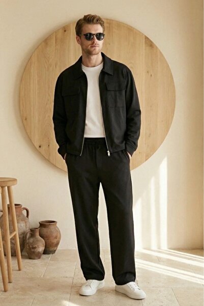 MADZEYMODA Men's Diagonel Fabric Lined Seasonal Thin Jacket & Baggy Pants Bla...