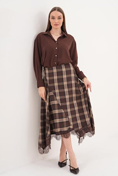 ZARİFSTORE Women's Skirt Lace Plaid Long Skirt