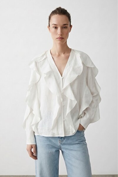 Quzu Διαφανής μπλούζα με βολάν σε σχήμα V, εκρού