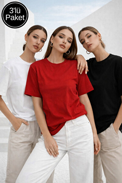 Rich Women's 3-Pack Black-White-Red 100% Cotton Oversize Basic T-Shirt Crew N...