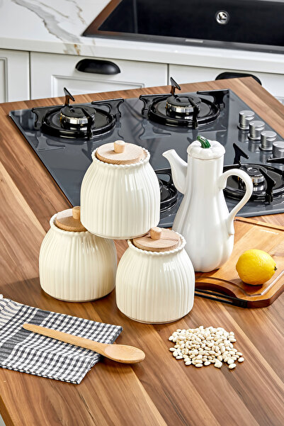 Akkoyunlu home 4-Piece Kitchen Set - Ceramic Daisy Jar with 3 Wooden Lids and...