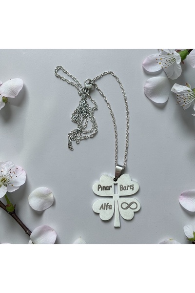AlfaCollection İsim Yazılı Çelik Yonca Kolye
