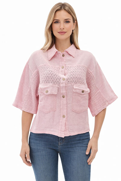 Kureyzibies Women's Knitwear Panel Lace Detailed Short Sleeve Shirt