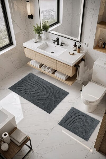 Cotto Home Set de 2 covorașe de baie din bumbac Lilly, textură moale, gri, la...