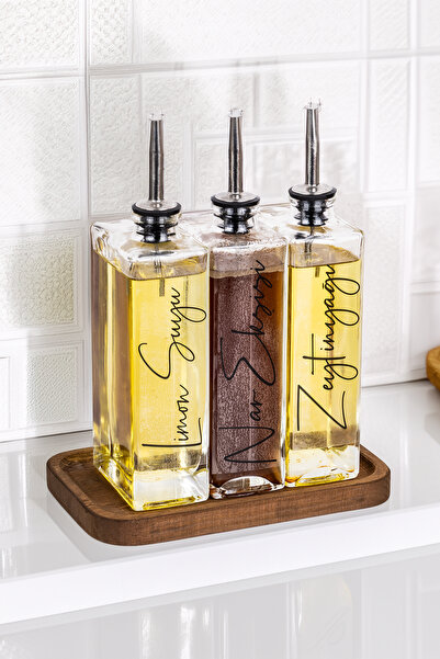 3-Piece 500ml Glass Salad Sauce Pot Vinegar Bowl Oil Canister Wooden Stand 5 Types of Labeled Silver Lid Tableware Oil Bowl
