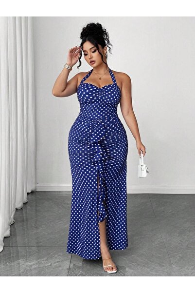 Iuliashop Rochie lungă albastră Vedrana cu buline albe - Mărimi mari - 44