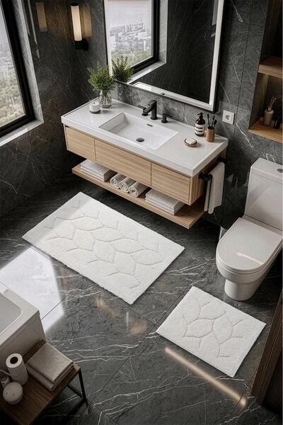 Cotto Home Set de 2 covorașe de baie din bumbac Lilly, cu textură moale, crem...