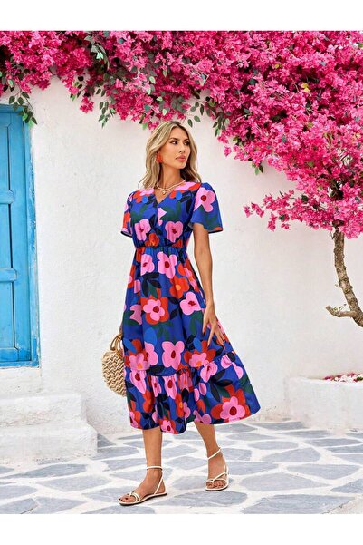 Iuliashop Rochie midi Serra Albastra cu imprimeu floral multicolor - S