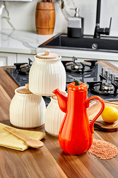 Akkoyunlu home 4-Piece Kitchen Set - Ceramic Daisy Jar with 3 Wooden Lids and...