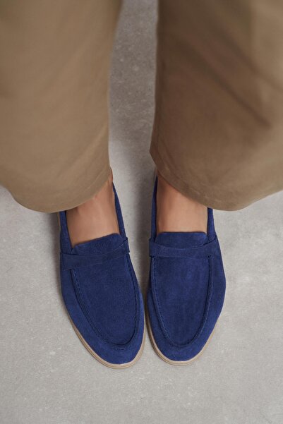 NİŞANTAŞI SHOES Bery Lacivert Hakiki Süet Düz Taban Kadın Loafer