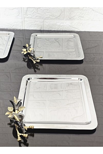 atabey home collection 6 Adet Gümüş Kahve & Çay & Sunum Tepsisi Döküm Siyah Lale