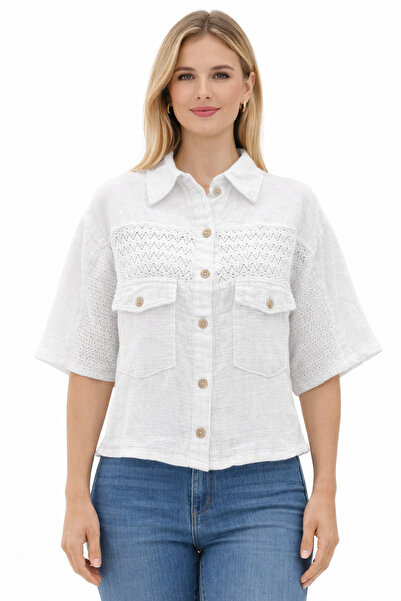 Kureyzibies Γυναικείο πλεκτό πουκάμισο με δαντέλα και λεπτομέρειες, κοντομάνικο
