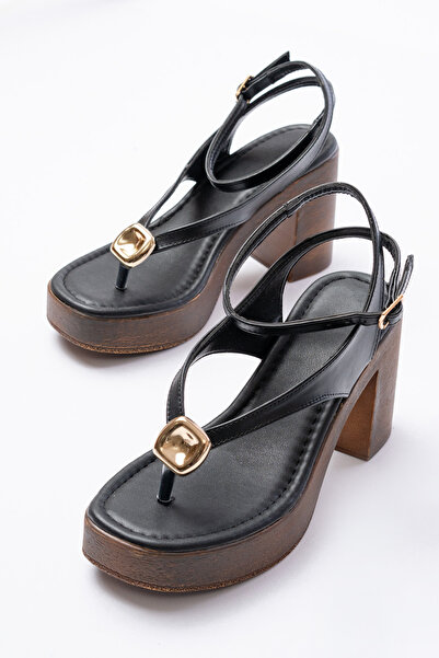 SEEM Γυναικεία μαύρα πέδιλα με χοντρό τακούνι Sienna Gold Tokalı Flip Flop