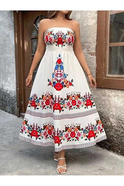 Iuliashop Rochie lungă albă Durga cu imprimeu floral roșu - Mărimi mari - 46