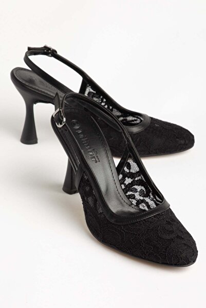 Dilimler Ayakkabı Büyük Numara Kadın Abiye Topuklu Ayakkabı Siyah Tül Desenli...