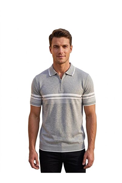 MODA GERACE Erkek Triko Pamuklu Kumaş Slim Fit Dar Kesim Gri Kıvrılmaz Polo Y...