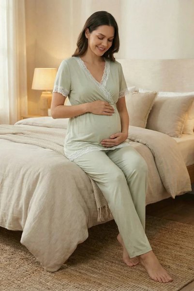 Rimel Homewear Cotton Maternity Pajama Set - 3-Piece Maternity Set with Hidden Nursing Compartment - Mint Green