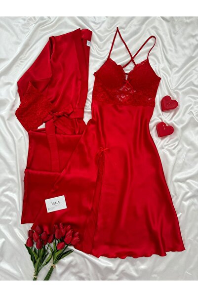 Lena Homewears Enchante Lüks Dantelli Yırtmaçlı Uzun Saten Gecelik & Sabahlık...