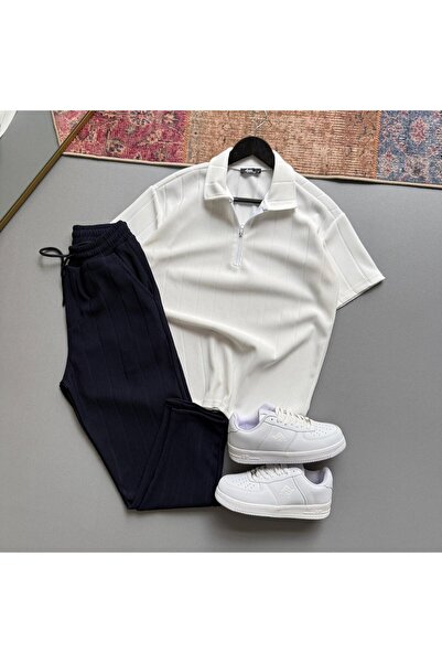 Baycombine35 Raporlu Ottoman Καφέ Μπλουζάκι με Μισό Φερμουάρ - Λευκό Σετ Παντ...