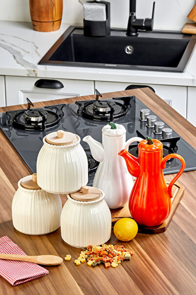 Akkoyunlu home 5-Piece Kitchenware Set - 3 Ceramic Daisy Jars with Wooden Lid...