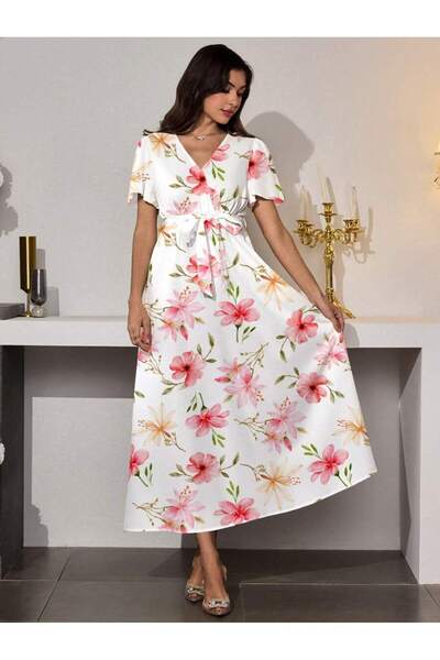Iuliashop Rochie lungă albă Nisa cu imprimeu floral - S