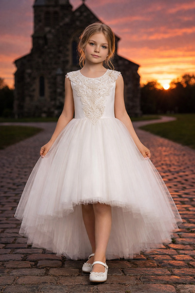 Lindissima Dantel Aplike Motifli Kız Çocuk Abiye Elbise, Kabarık Hayal Tül Öz...