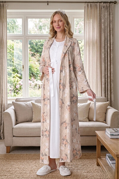 Lohusa Homewear New Season Ecru Maternity Shawl Collar Patterned Full Length ...
