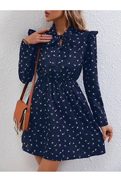 Iuliashop Rochie scurtă Pilar albastru marin cu imprimeu floral - XL