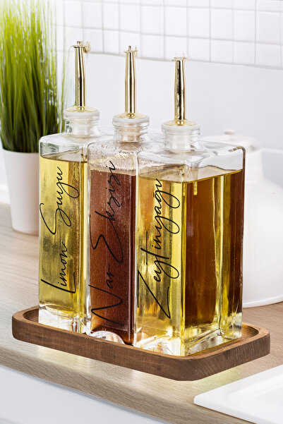 Dolkin Home 3lü 500ml Cam Salata Sosluk Sirkelik Yağdanlık Ahşap Stant 5 Çeşi...