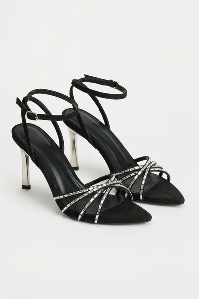 LONDON&LONDON Black Stone Thin Strap Ankle Strap Evening Dress Heeled Shoes
