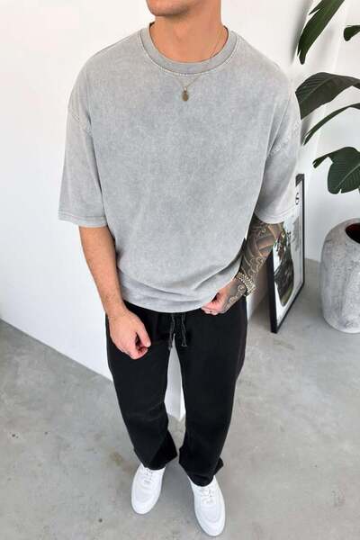 HAFKAGİYİM Ανοιχτό Γκρι Βασικό Πλενόμενο Υπερμεγέθες Μπλουζάκι