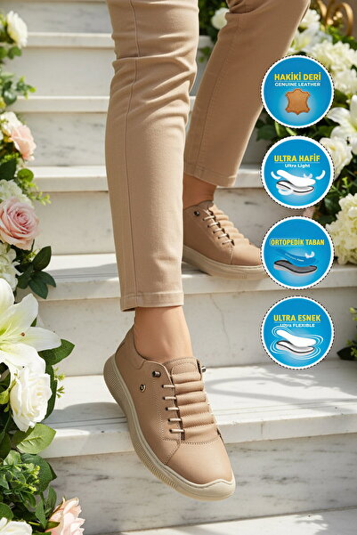 AYAKMOD Beige Nubuck Genuine Leather Orthopedic Women's Casual Shoes 5605 Z