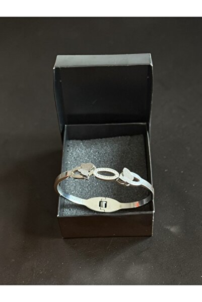 BEKAZEN Heart Detailed Stone Cuff Bracelet Women's Silver Color Stylish Minim...