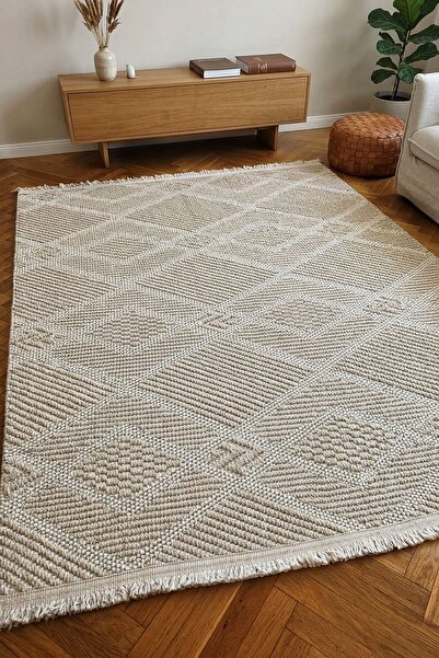 Lara 05 Krem Bej Sisal İskandinav Modern Kaymaz Taban Yumuşak Özel Ölçü Salon Koridor Halısı