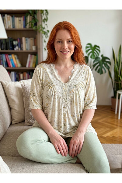 Lohusa Homewear طقم بيجامة صيفي جديد بتصميم مطرز بالدانتيل باللون الأخضر بأكم...