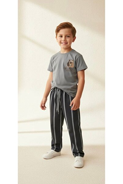 Leni Kids Boy's Teddy Bear Printed T-Shirt and Striped Sweatpants Set