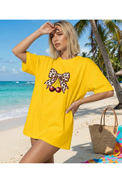 SUNFREE Γυναικείο μπλουζάκι με στάμπα KURDELE CHERRY, μεγάλο μέγεθος, με λαιμ...